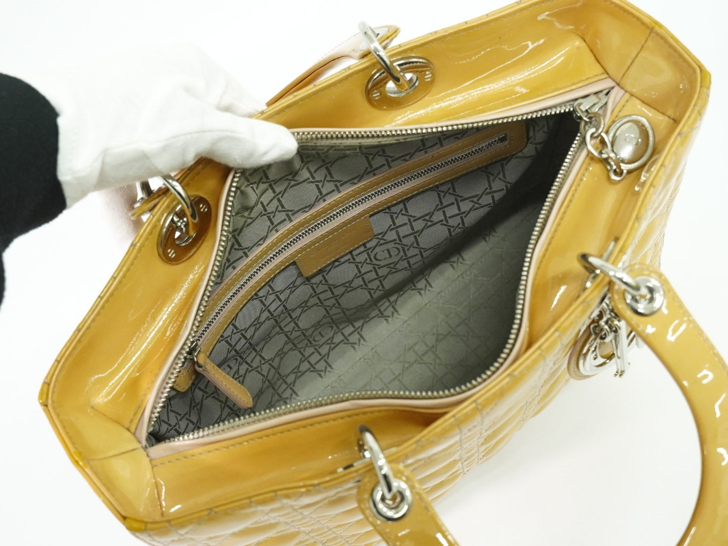 Christian Dior Vintage Lady Dior Bag Cannage Quilt Patent, BEIGE, PATENT_LEATHER, Handbag