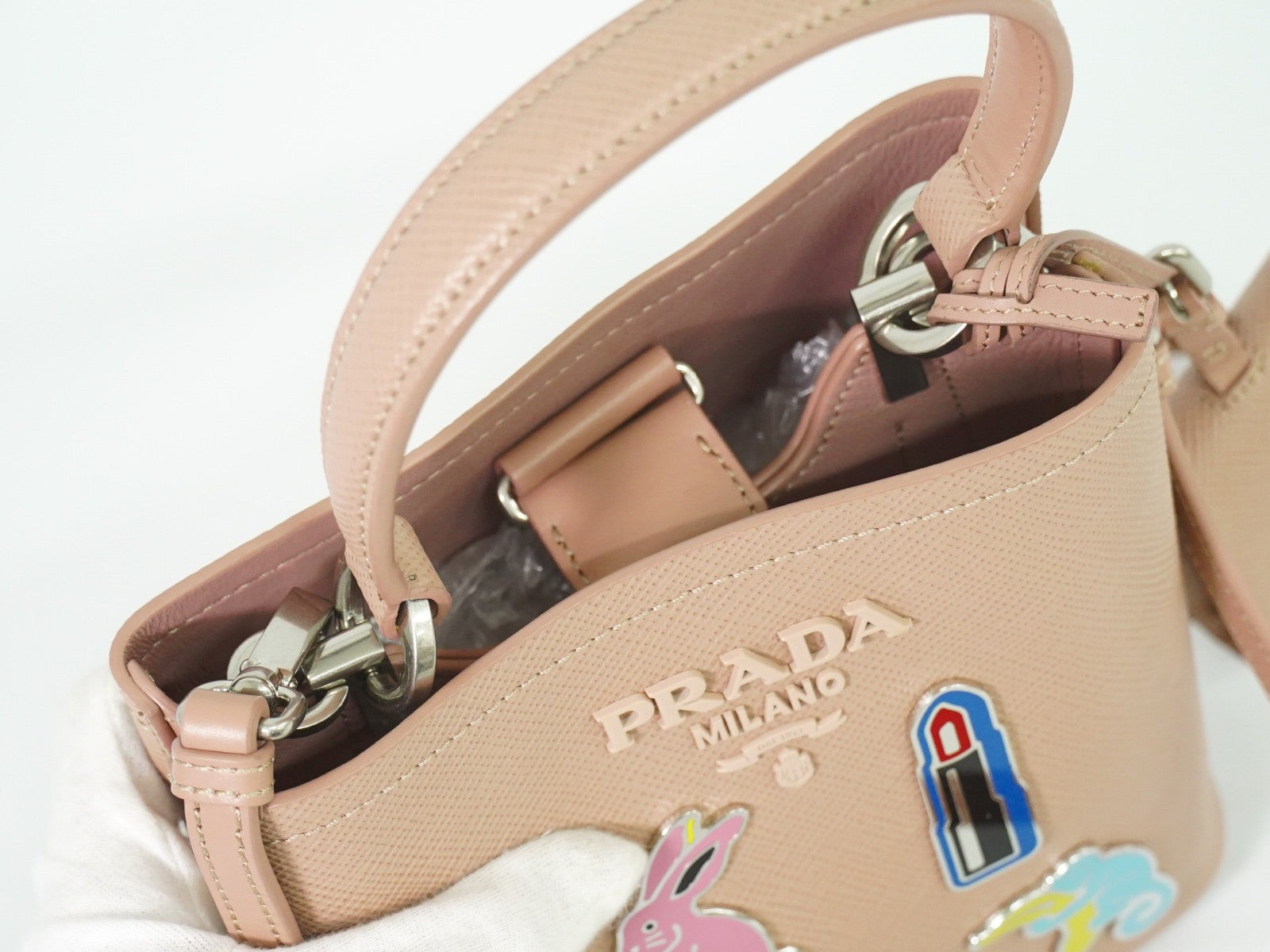 Prada Panier Bucket Bag Saffiano Leather, BEIGE, LEATHER, Crossbody bag