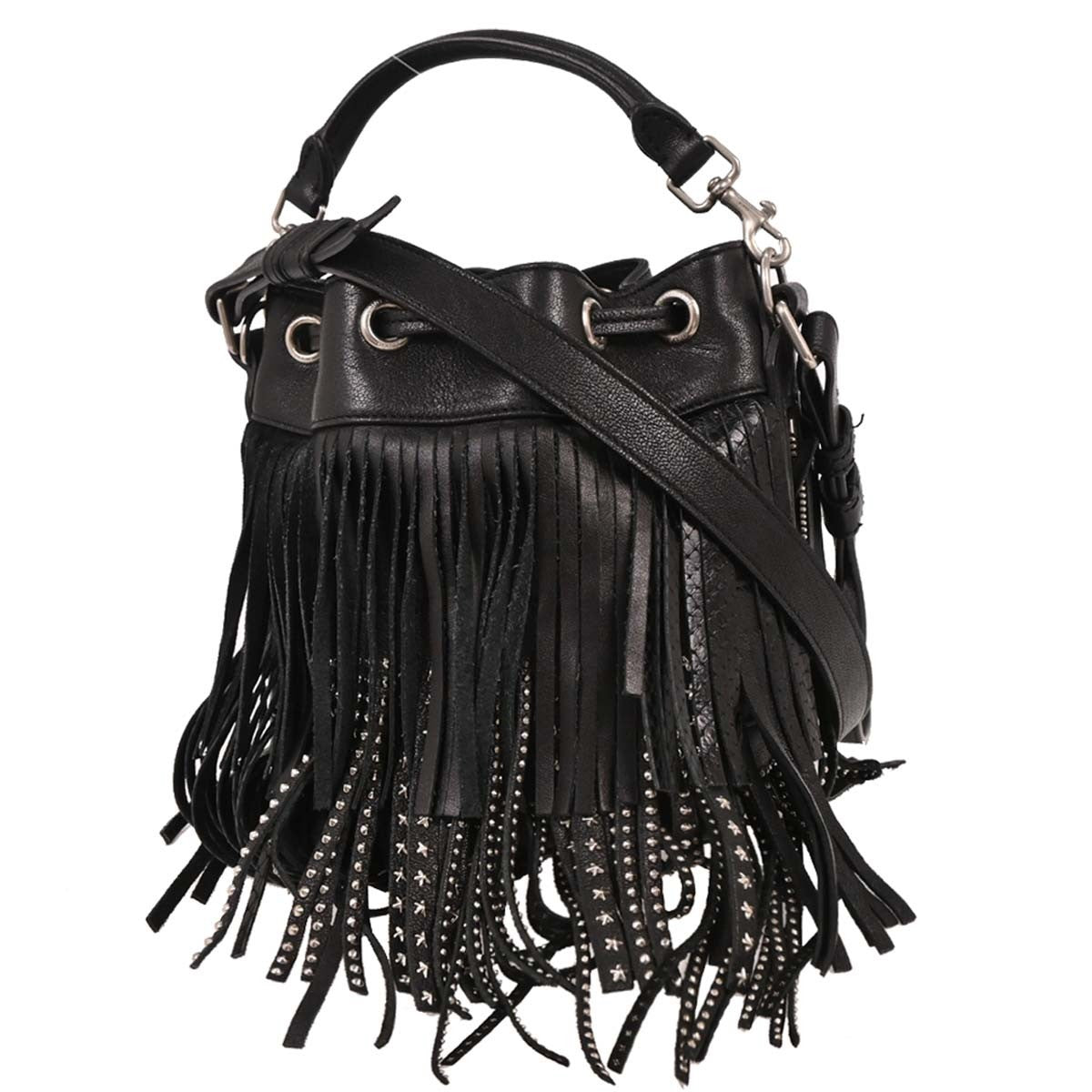 Saint Laurent Fringe Emmanuelle Bucket Bag Studded Leather, BLACK, LEATHER, Shoulder bag