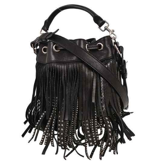 Saint Laurent Fringe Emmanuelle Bucket Bag Studded Leather, BLACK, LEATHER, Shoulder bag