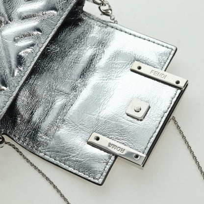 Fendi Chain Baguette Charm Bag Zucca Embossed Leather, SILVER, CANVAS, Clutche & pouche