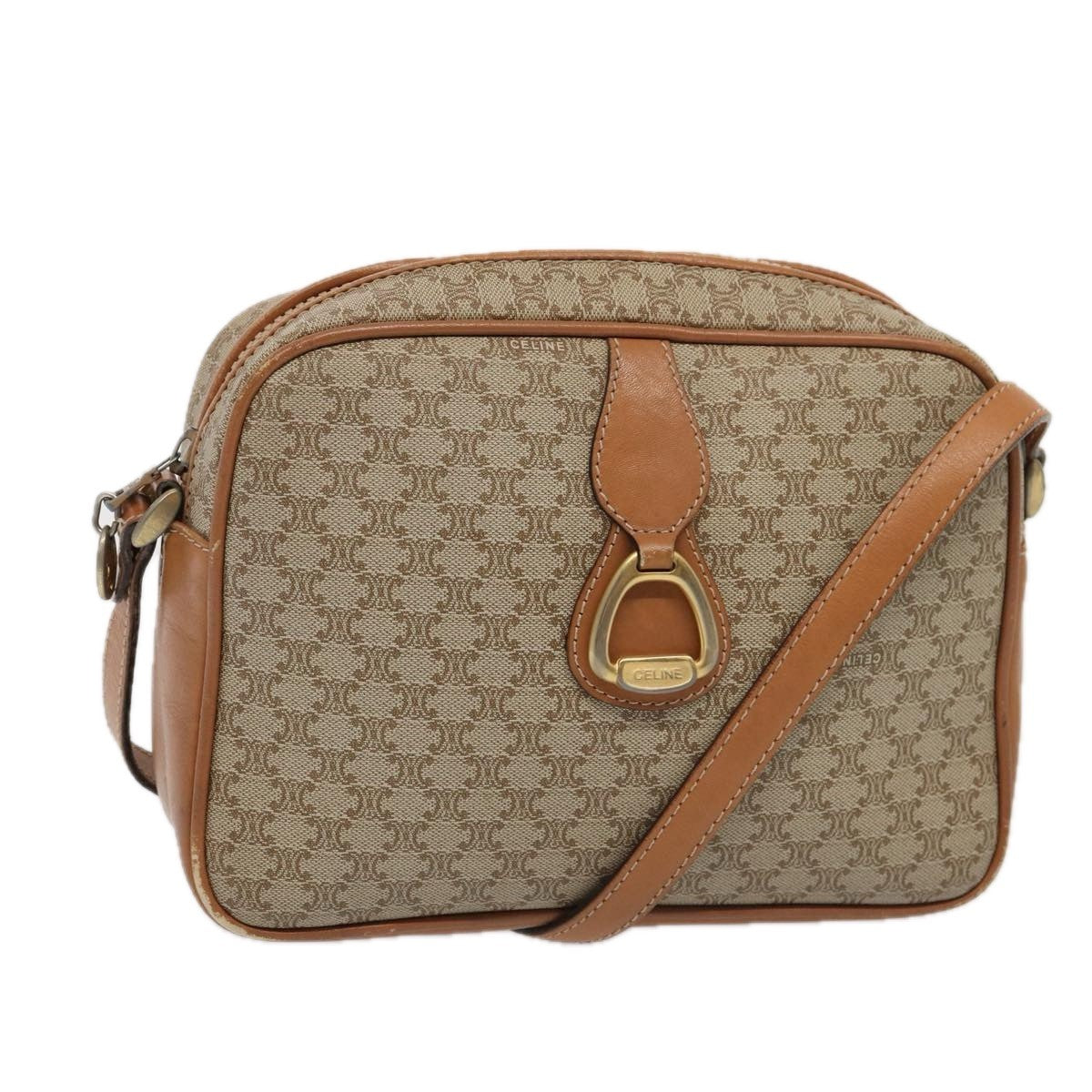 Celine Vintage Macadam Shoulder Bag Canvas and Leather, BEIGE, CANVAS, Shoulder bag