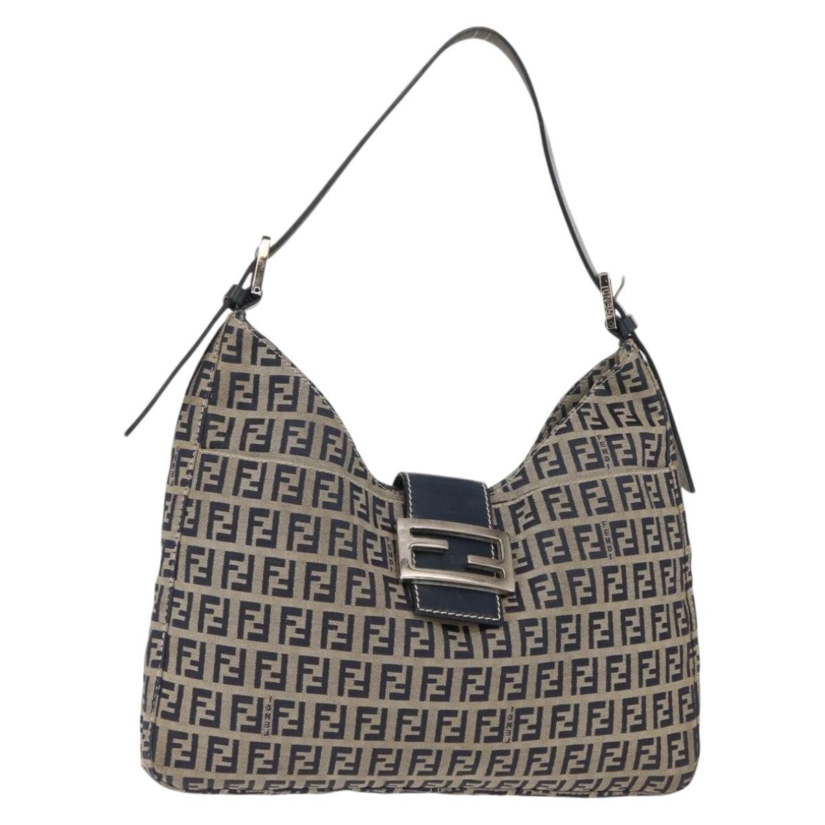 Fendi Belted Flap Shoulder Bag Zucchino Coated Canvas, NAVY, CANVAS, Shoulder bag