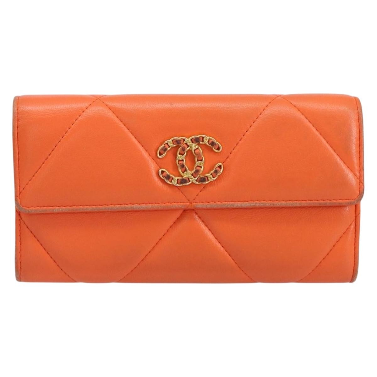 Chanel 19 Flap Wallet Quilted Lambskin, ORANGE, LEATHER, Wallets