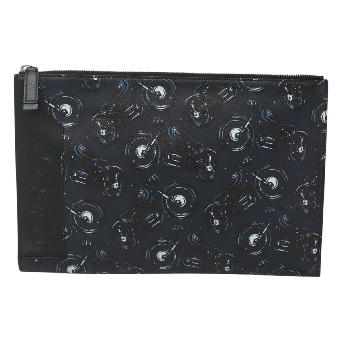 Salvatore Ferragamo Zip Pouch Motorcycle Print Leather, BLACK, LEATHER, Clutche & pouche