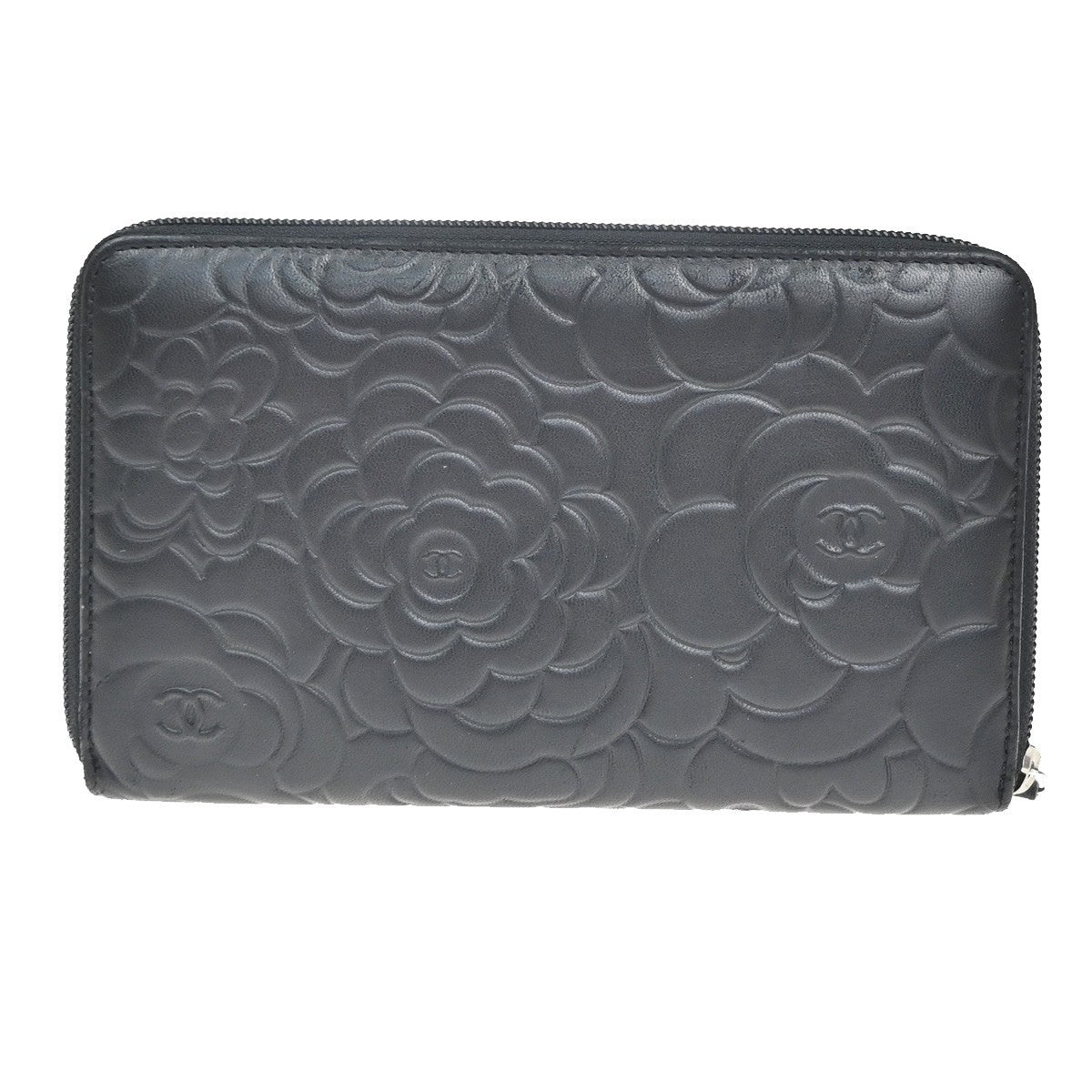 Chanel Camellia Zip Around Organizer Leather, Black, Leather, Wallet