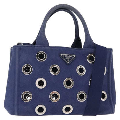 Prada Canapa Convertible Tote Grommet Embellished Canvas, BLUE, CANVAS, Tote bag