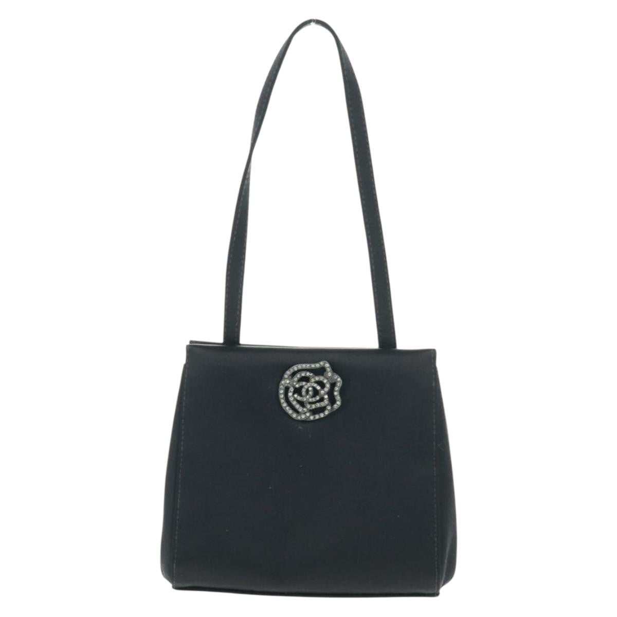 Chanel Vintage Crystal Camellia Evening Bag Satin, BLACK, SATIN, Shoulder bag