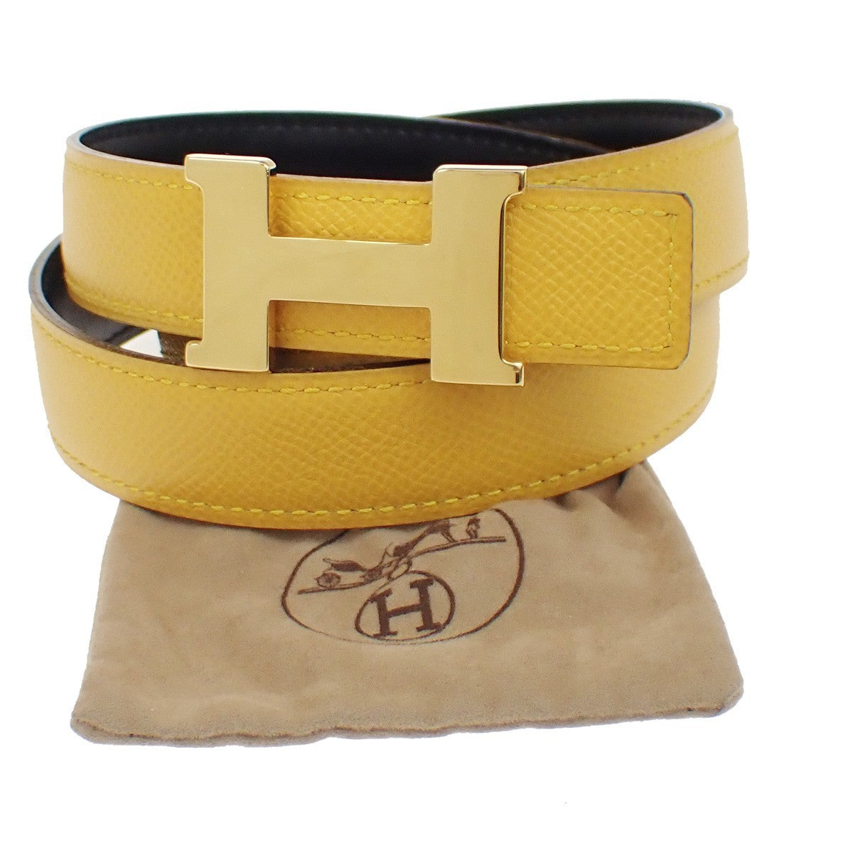 Hermes Constance Reversible Belt Leather, YELLOW, LEATHER, Belts