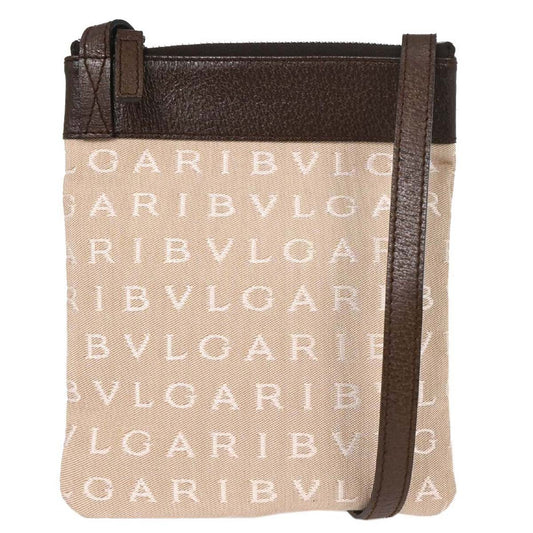 Bvlgari Logomania Shoulder Bag Canvas with Leather, BEIGE, CANVAS, Shoulder bag