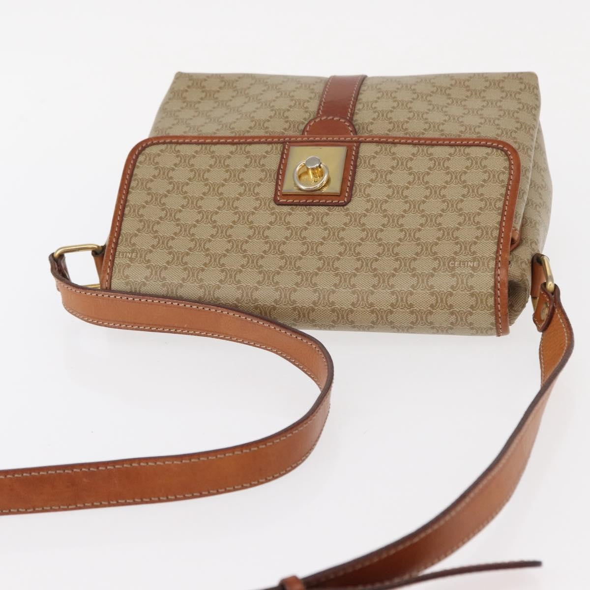 Celine Vintage Macadam Shoulder Bag Canvas and Leather, BEIGE, CANVAS, Shoulder bag