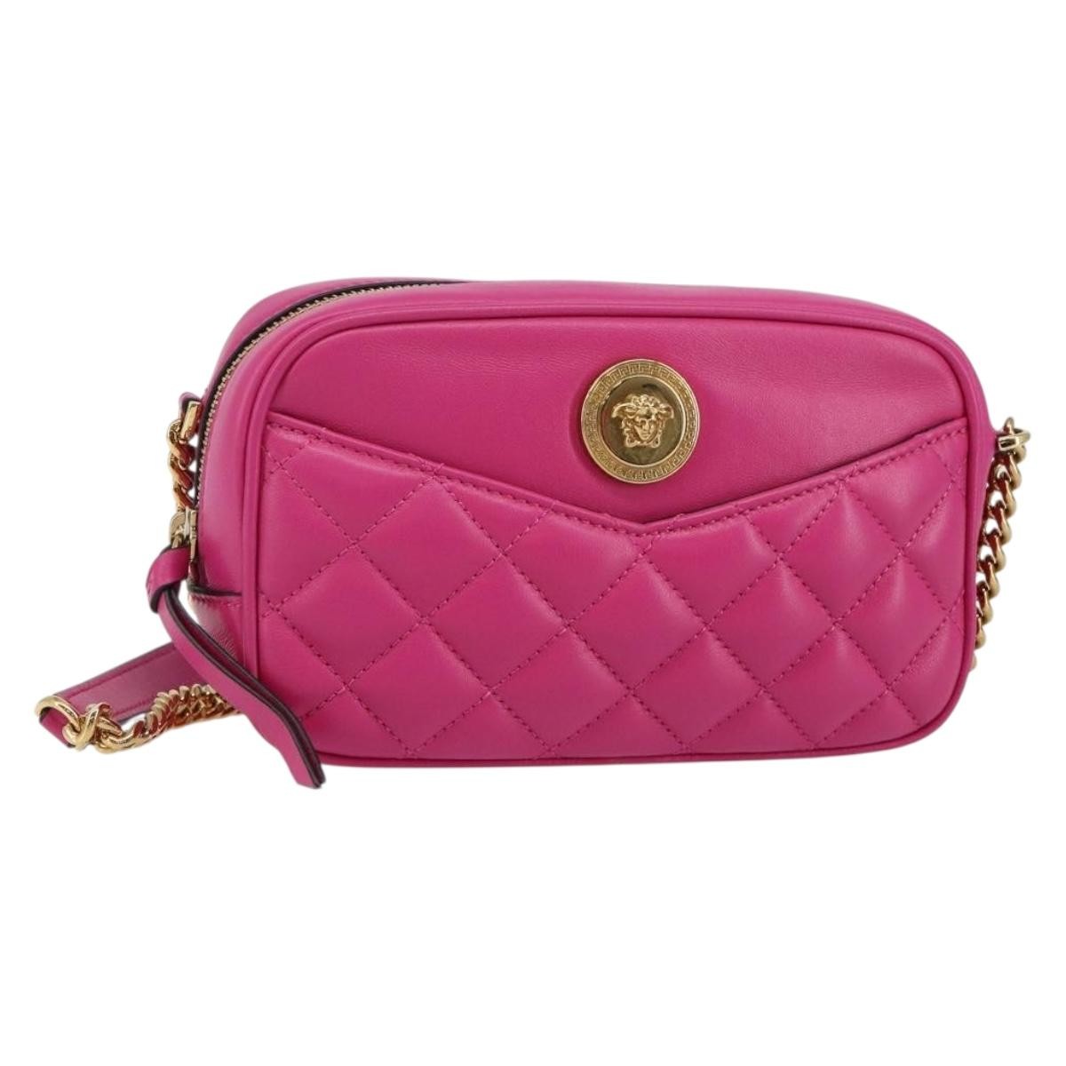 Versace Medusa Icon Front Slip Pocket Camera Bag Quilted Leather, PINK, LEATHER, Shoulder bag