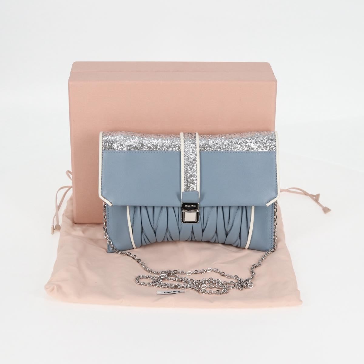 Miu Miu Madras Chain Clutch Matelasse Leather with Glitter, BLUE, LEATHER, Shoulder bag