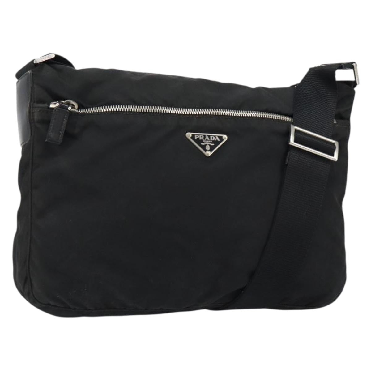 Prada Front Zip Messenger Bag Tessuto, BLACK, NYLON, Shoulder bag