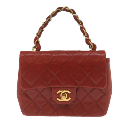 Chanel Vintage Square Chain Handle Flap Bag Quilted Lambskin, RED, LEATHER, Handbag