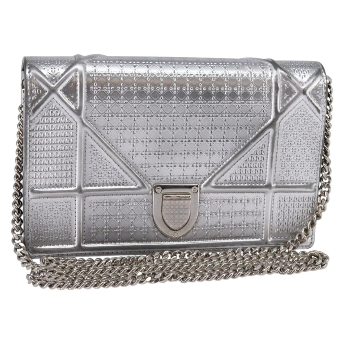 Christian Dior Diorama Wallet on Chain Metallic Distressed Calfskin, SILVER, LEATHER, Wallets
