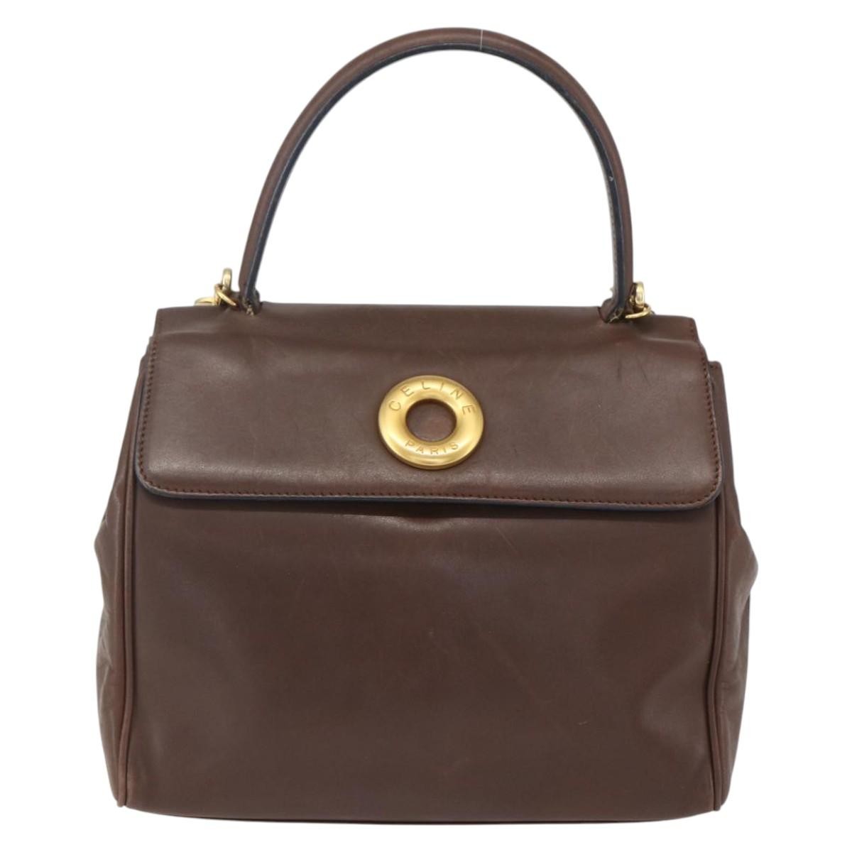Celine Circle Logo Handbag Leather, BROWN, LEATHER, Handbag