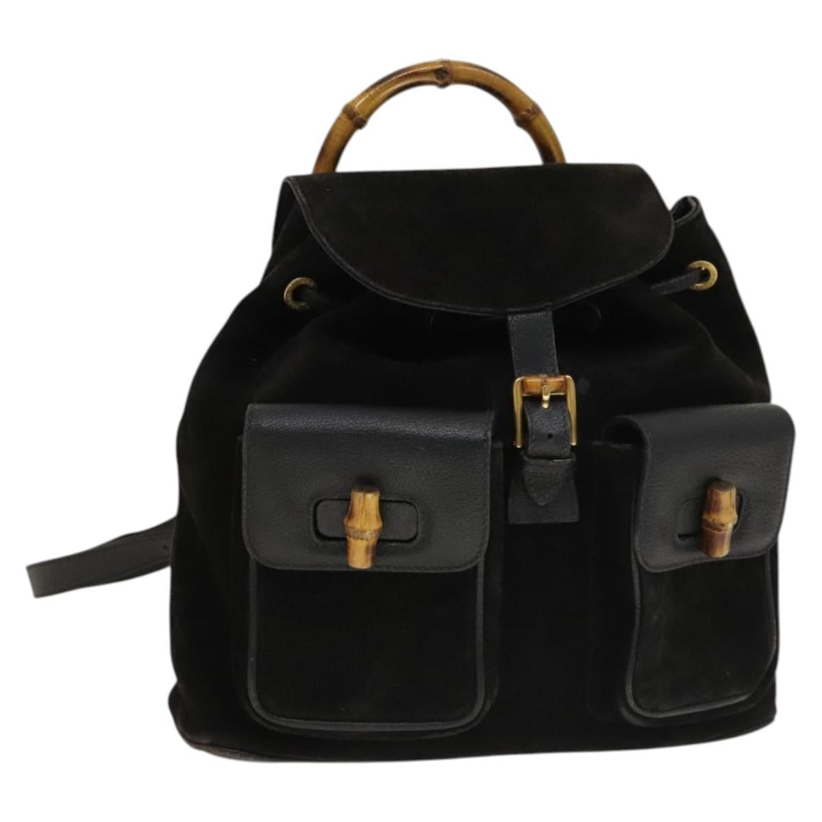Gucci Vintage Bamboo Backpack Suede, BLACK, SUEDE, Backpack
