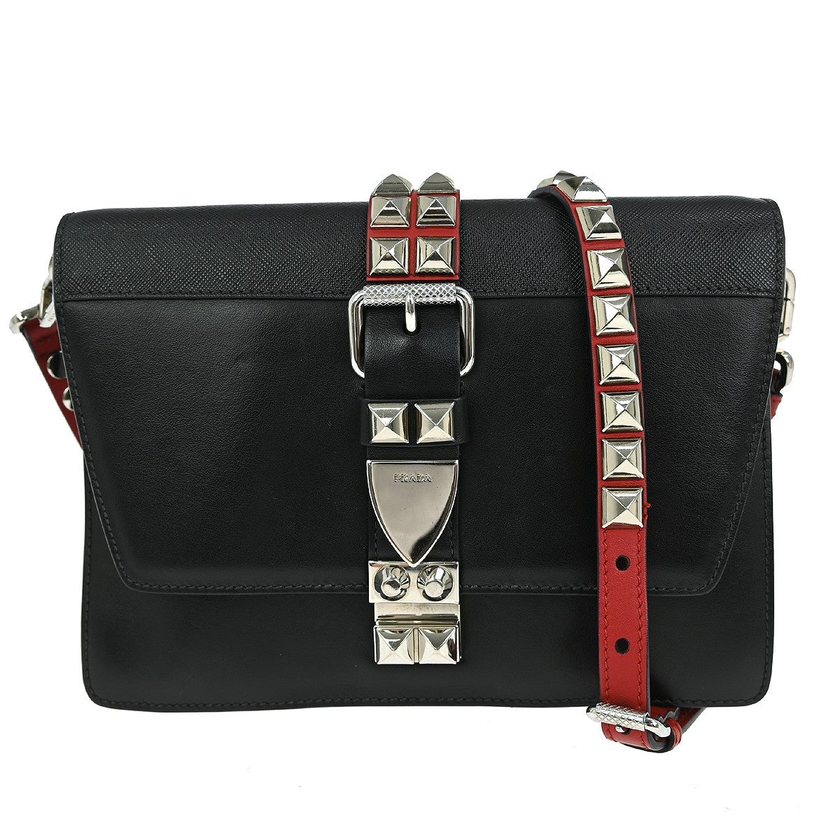 Prada Elektra Shoulder Bag Studded Leather, BLACK, LEATHER, Shoulder bag