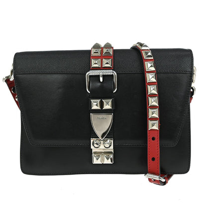 Prada Elektra Shoulder Bag Studded Leather, BLACK, LEATHER, Shoulder bag