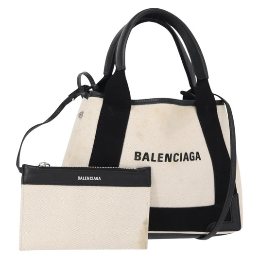 Balenciaga Navy Cabas Canvas with Leather, WHITE, CANVAS, Tote bag