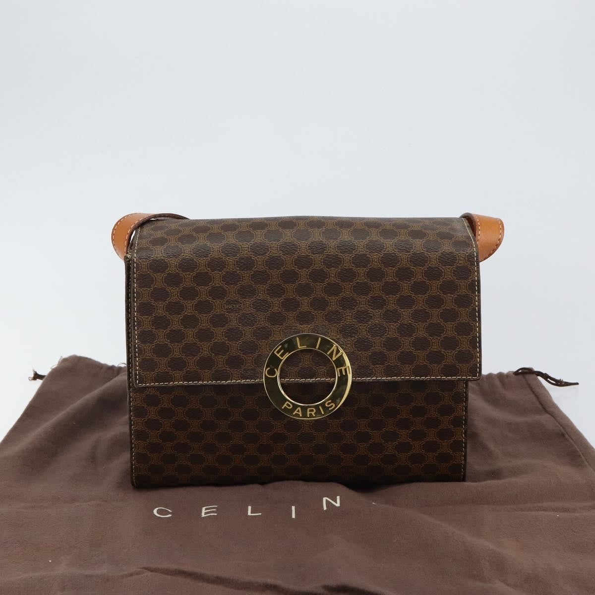 Celine Vintage Macadam Circle Logo Shoulder Bag Canvas and Leather, BROWN, CANVAS, Shoulder bag
