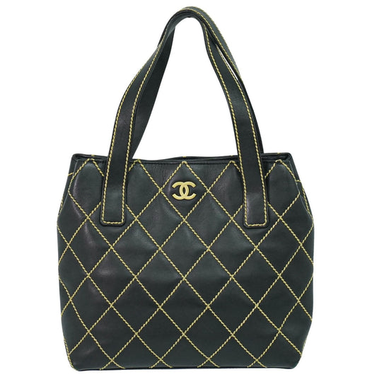 Chanel Surpique Tote Quilted Leather, BLACK, LEATHER, Handbag