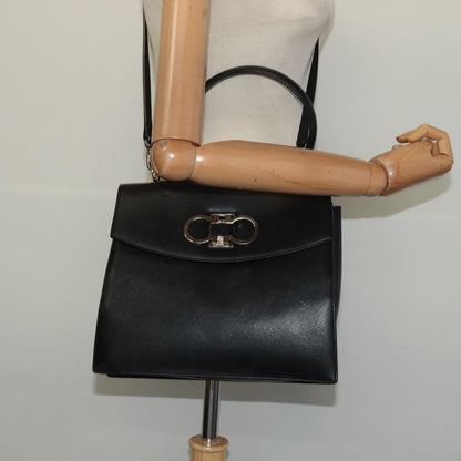 Salvatore Ferragamo Double Gancini Top Handle Bag Saffiano Leather, BLACK, LEATHER, Handbag