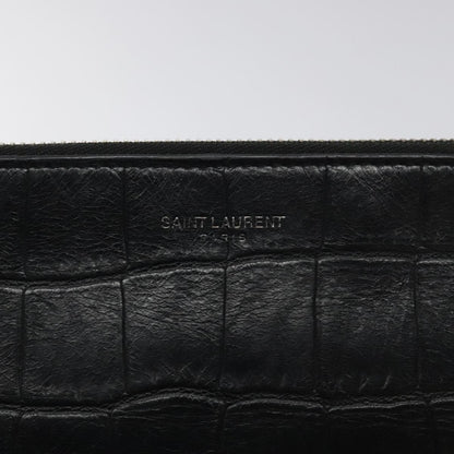 Saint Laurent Zip Pouch Crocodile Embossed Leather, BLACK, LEATHER, Clutche & pouche