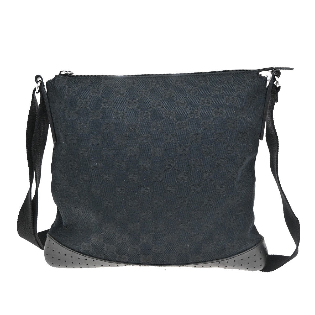 Gucci Zip Messenger Bag GG Canvas with Perforated Leather, BLACK, CANVAS, Shoulder bag