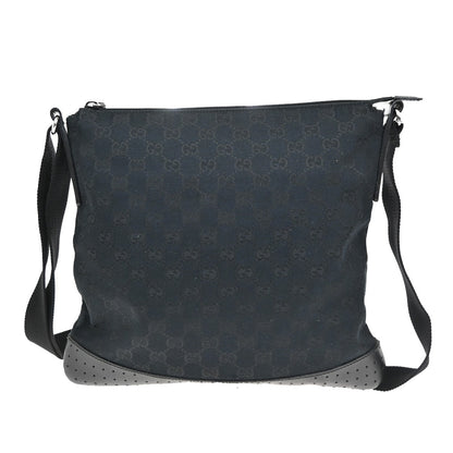 Gucci Zip Messenger Bag GG Canvas with Perforated Leather, BLACK, CANVAS, Shoulder bag