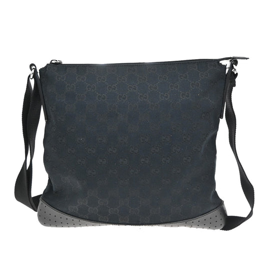 Gucci Zip Messenger Bag GG Canvas with Perforated Leather, BLACK, CANVAS, Shoulder bag