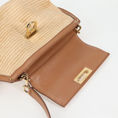 Salvatore Ferragamo Sofia Satchel Raffia with Leather, BEIGE, WOOD, Handbag