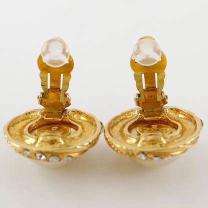 Chanel Vintage Round Clip-On Earrings Metal with Faux Pearl, GOLD, GOLD_PLATED, Earrings