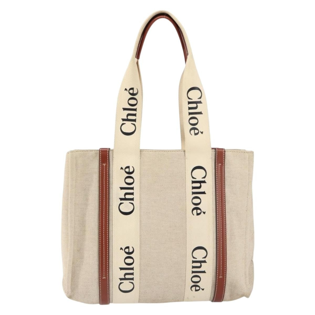 Chloe Woody Tote Canvas with Leather, BEIGE, CANVAS, Tote bag