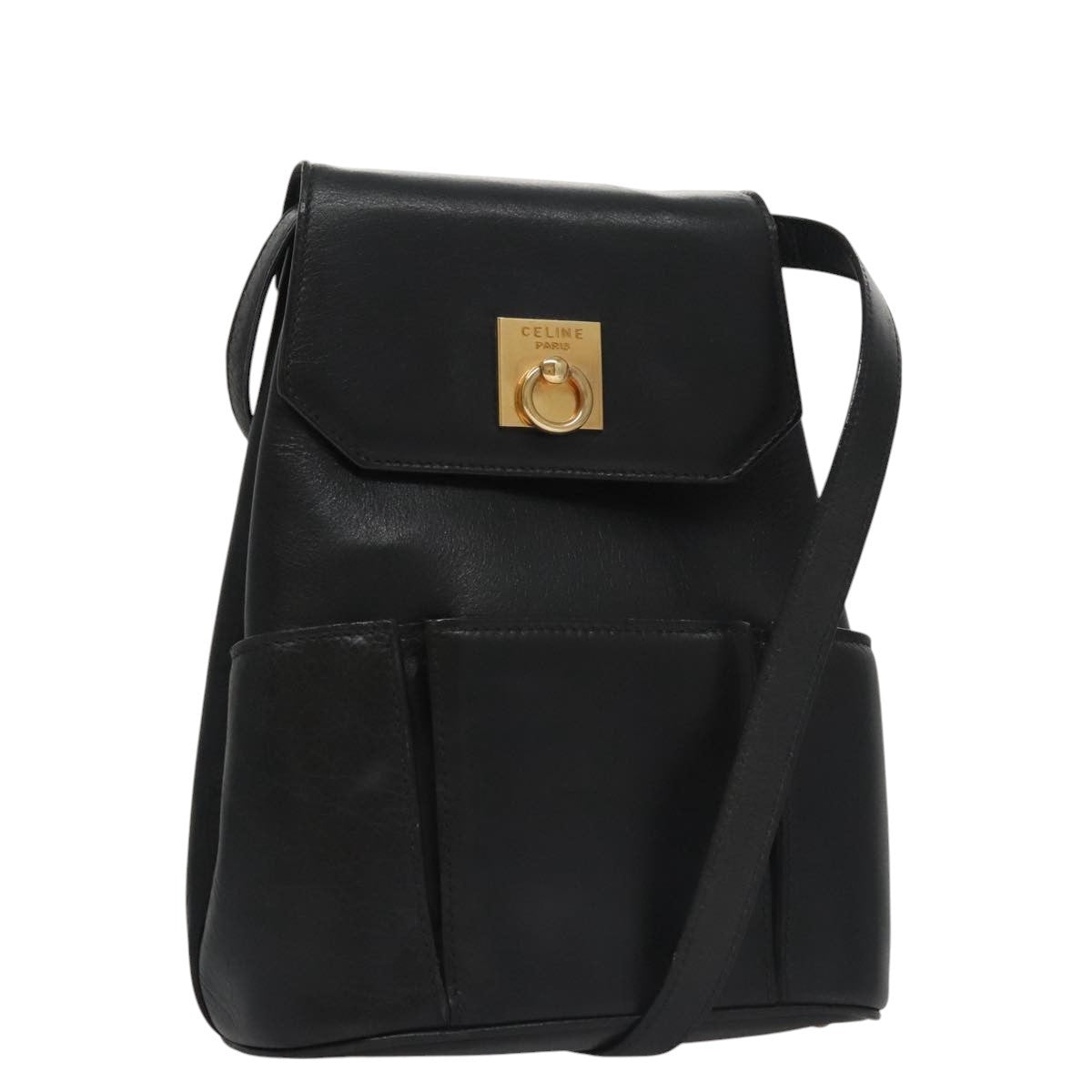 Celine Shoulder Bag Leather, BLACK, LEATHER, Shoulder bag