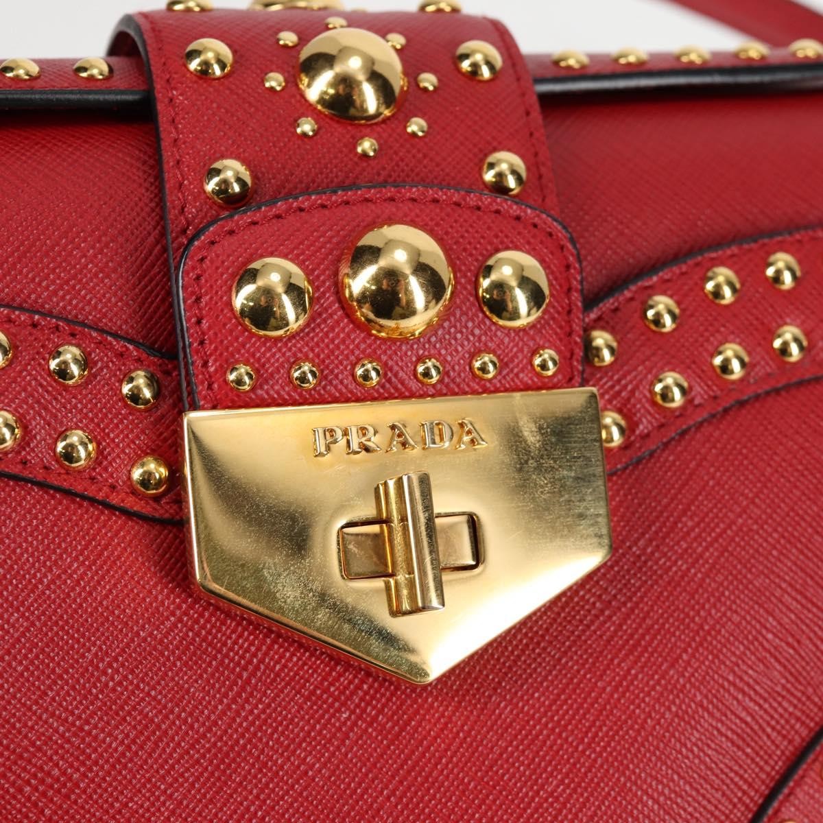 Prada Turn Lock Shoulder Bag Studded Saffiano Leather, RED, LEATHER, Shoulder bag