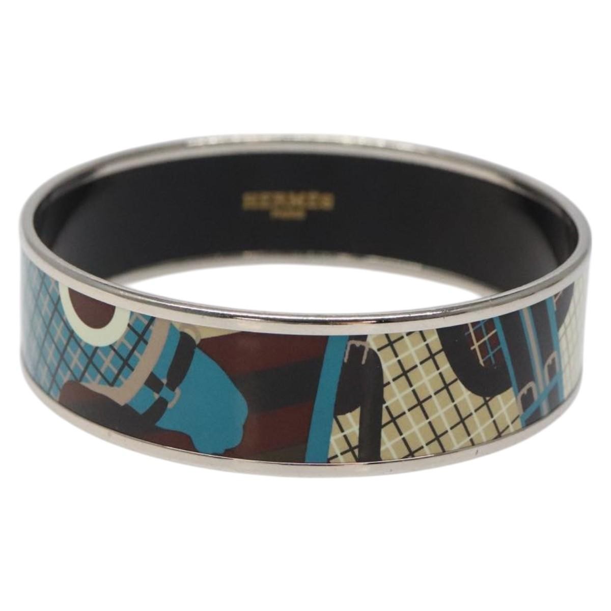 Hermes Vintage Bangle Bracelet Metal with Leather, BLUE, METAL, Bracelet