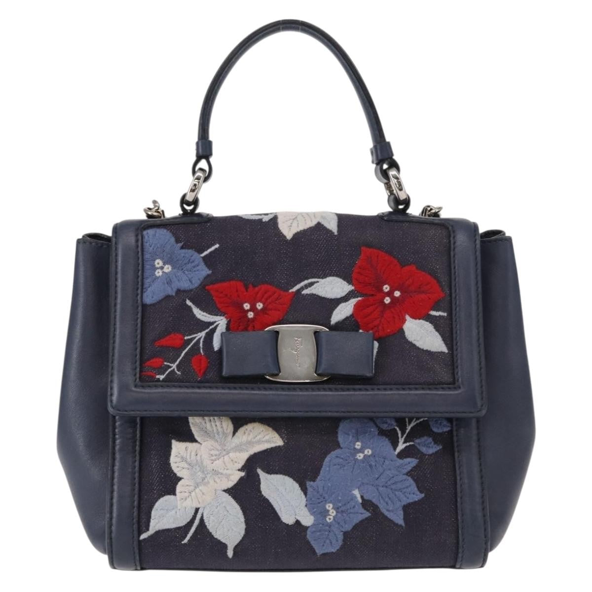 Salvatore Ferragamo Vala Handbag Leather, NAVY, DENIM_JEANS, Handbag
