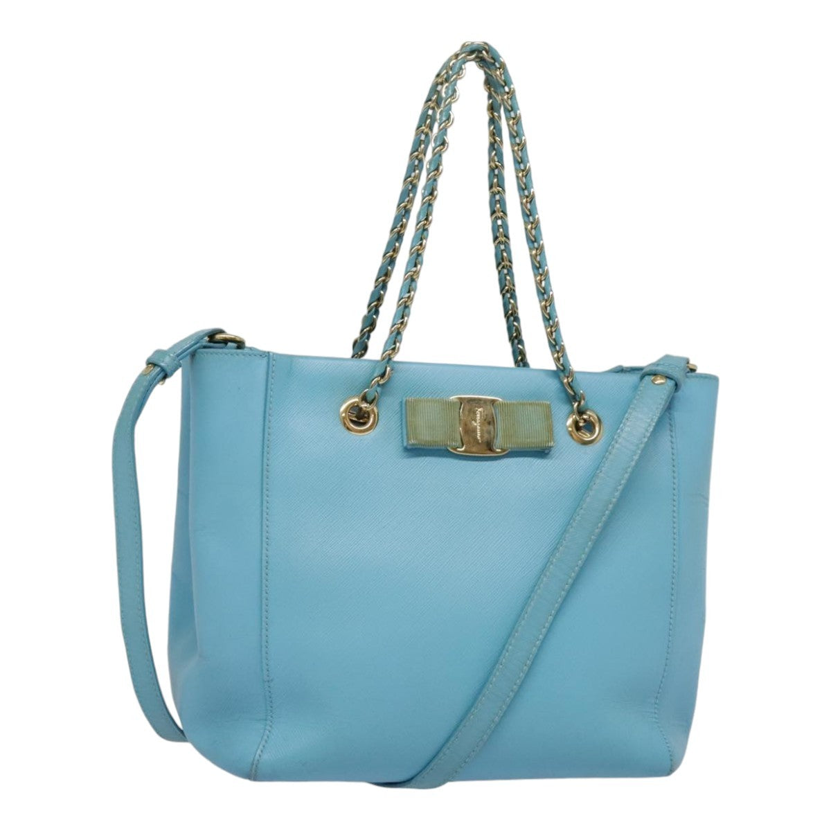 Salvatore Ferragamo Vara Bow Chain Tote Leather, BLUE, LEATHER, Tote bag