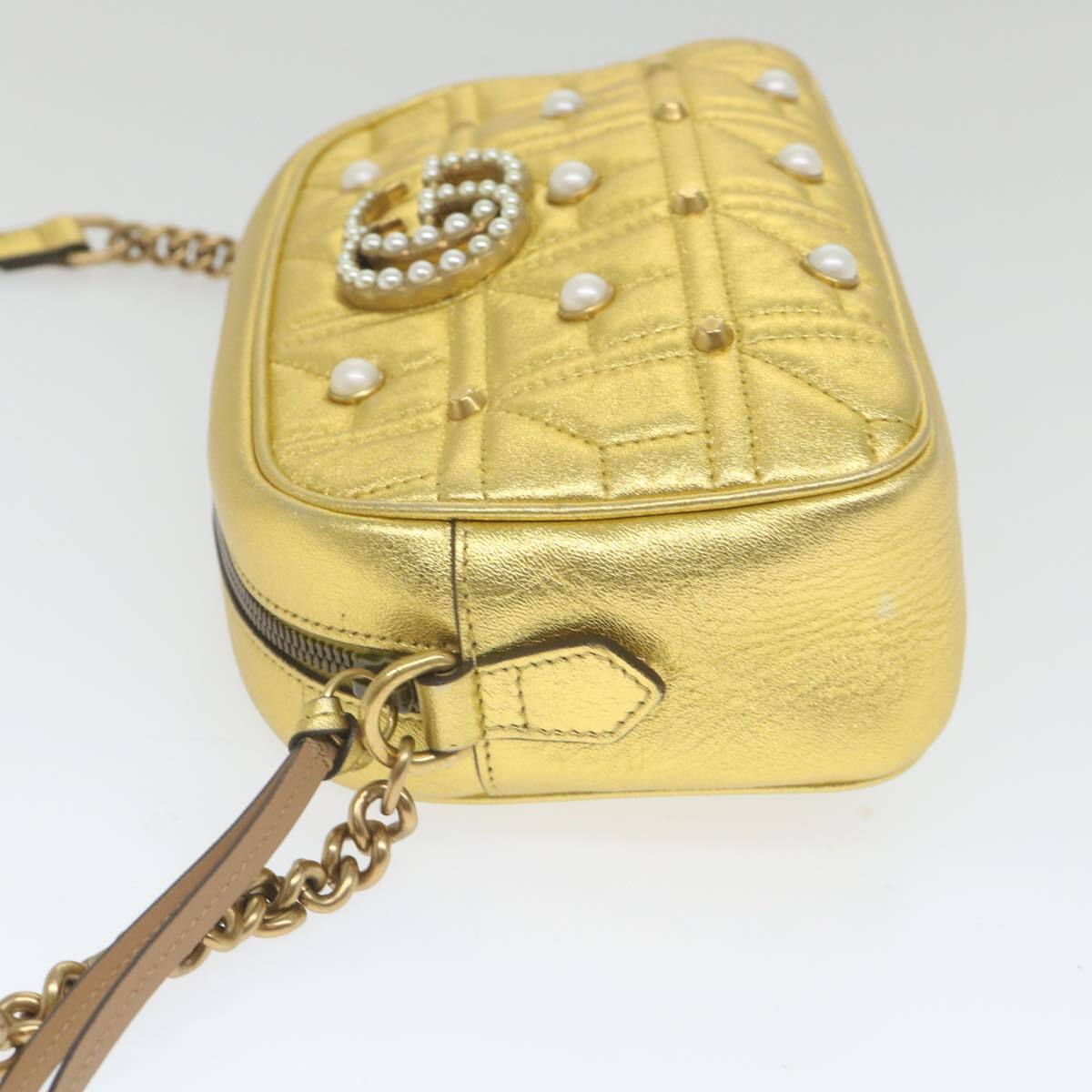 Gucci Pearly GG Marmont Shoulder Bag Embellished Matelasse Leather, GOLD, LEATHER, Shoulder bag