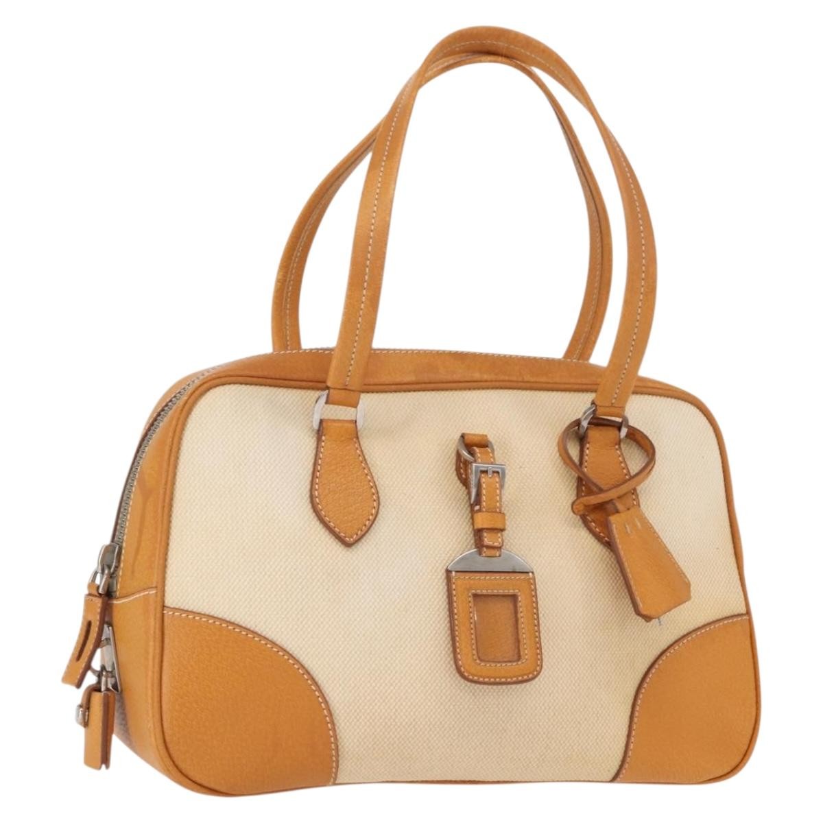 Prada Bowler Bag Canvas with Leather, BEIGE, CANVAS, Handbag