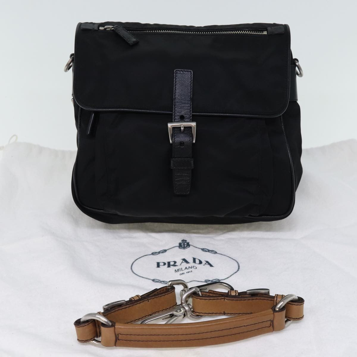 Prada Buckle Messenger Bag Tessuto, BLACK, NYLON, Shoulder bag