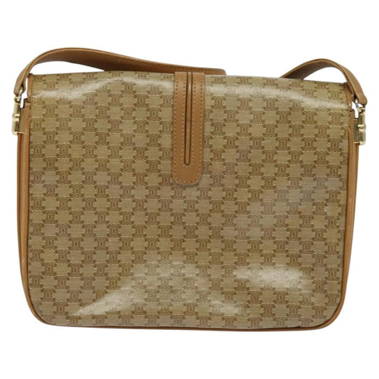 Celine Vintage Macadam Shoulder Bag Canvas and Leather, Beige, Canvas, Handbag