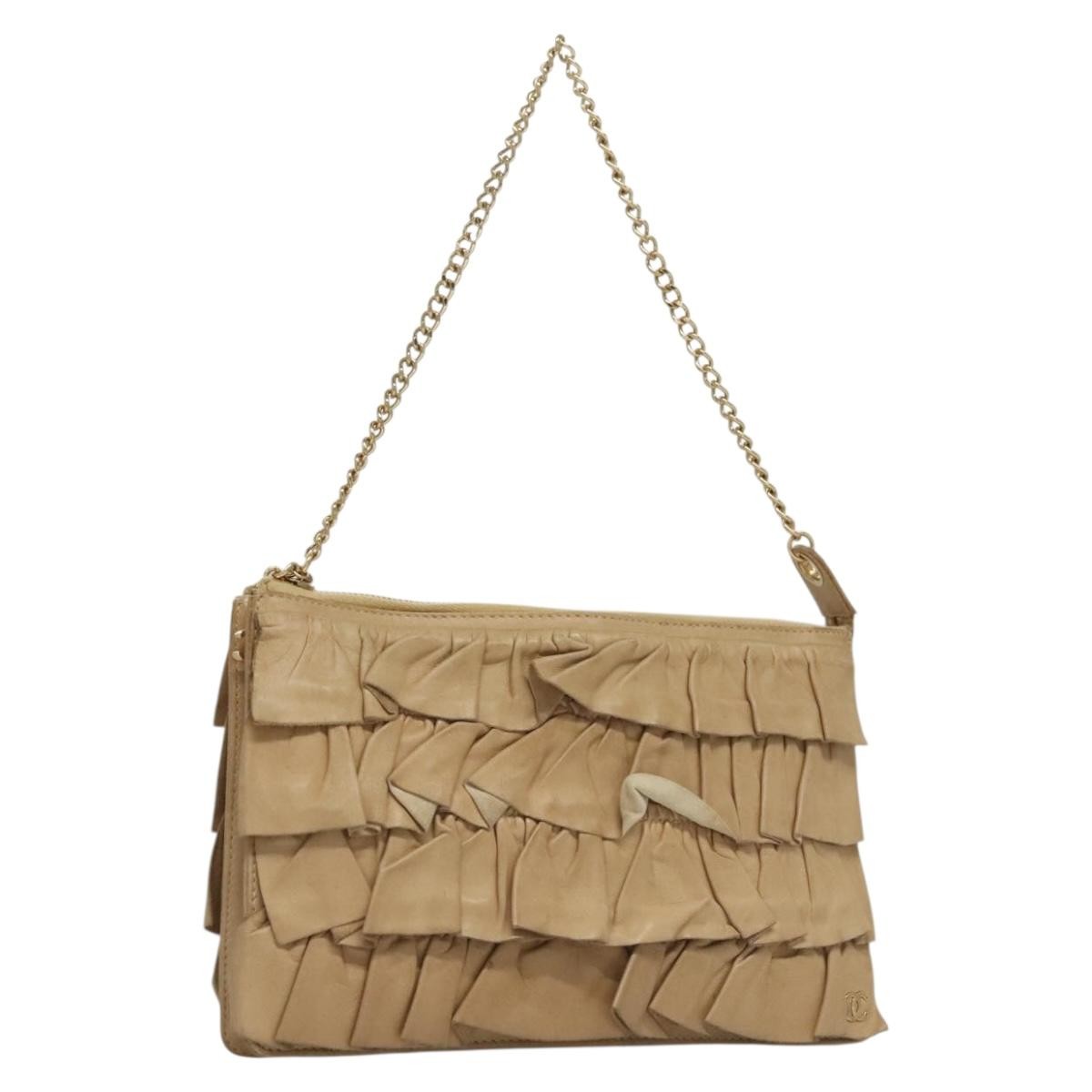 Chanel Ruffle Chain Pochette Lambskin, BEIGE, LEATHER, Clutche & pouche