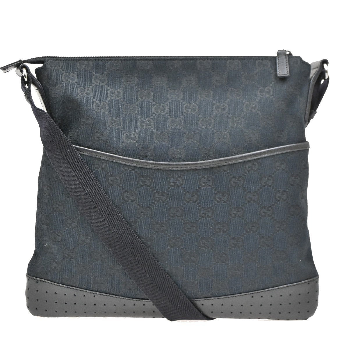 Gucci Zip Messenger Bag GG Canvas with Perforated Leather, BLACK, CANVAS, Shoulder bag