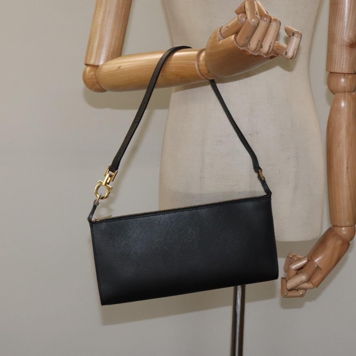 Salvatore Ferragamo Gancini Pouch Leather, BLACK, LEATHER, Clutche & pouche