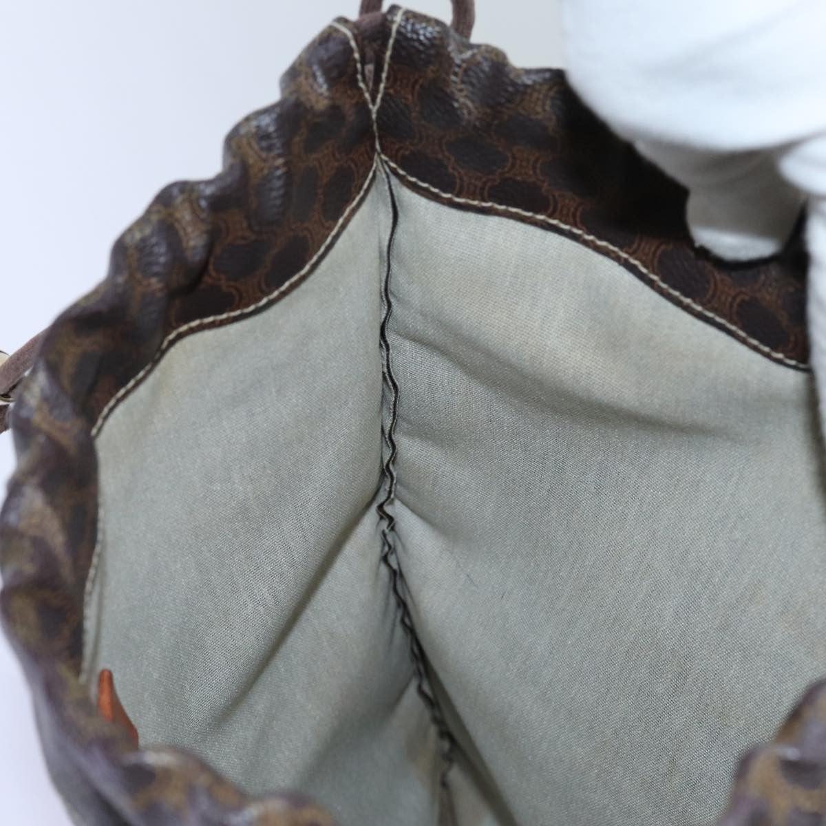 Celine Triomphe Drawstring Bucket Bag Raffia with Leather, BROWN, PVC, Shoulder bag