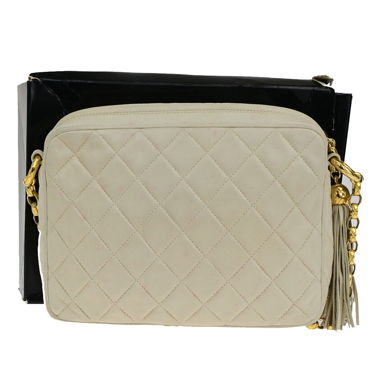Chanel Vintage Camera Tassel Bag Chevron Lambskin, IVORY, LEATHER, Shoulder bag