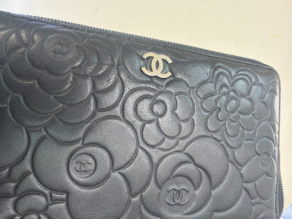 Chanel Camellia Zip Around Organizer Leather, Black, Leather, Wallet